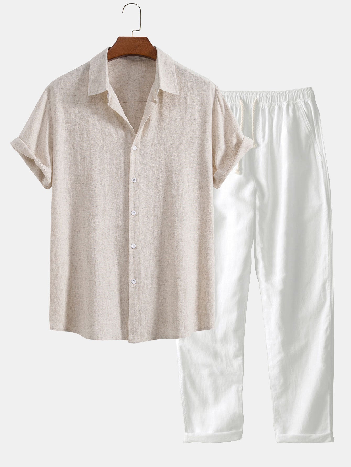Linen Rayon Blend Button Up Shirt & Straight Leg Linen Pants — North Row | Detail View