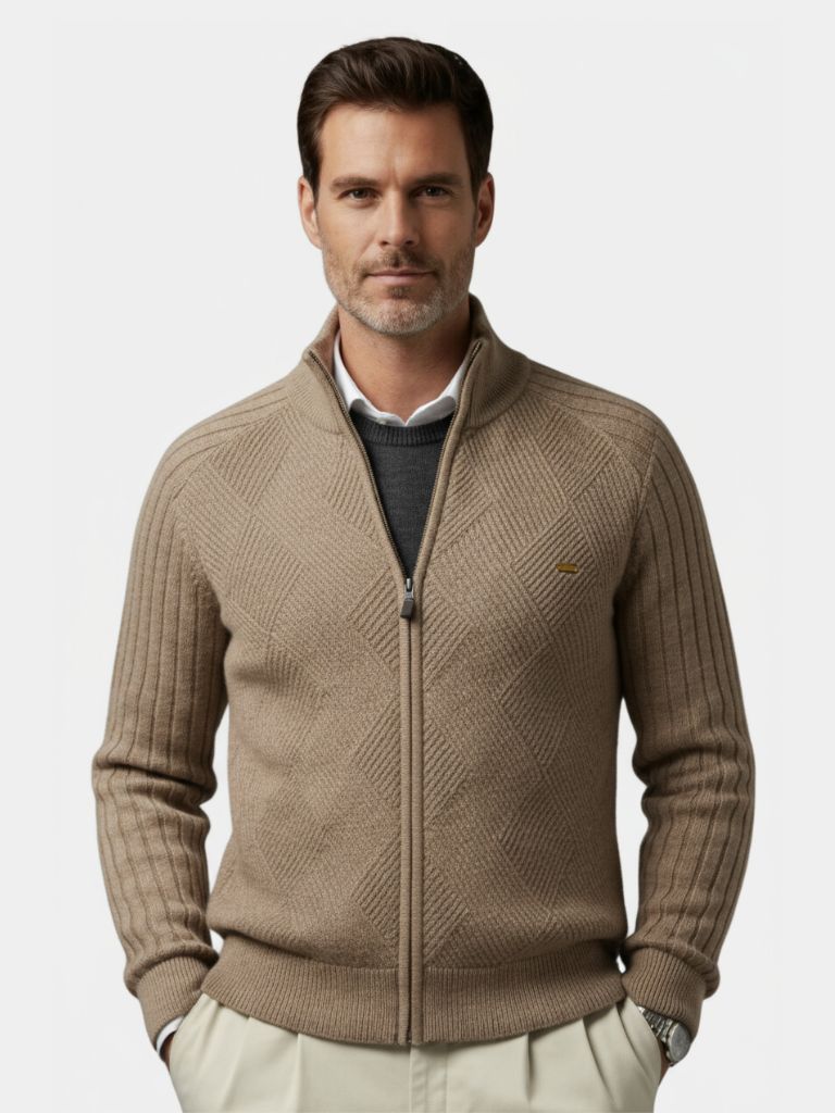 Knit Zipper Jacquard Solid Color Cardigan Sweater — North Row | Front View