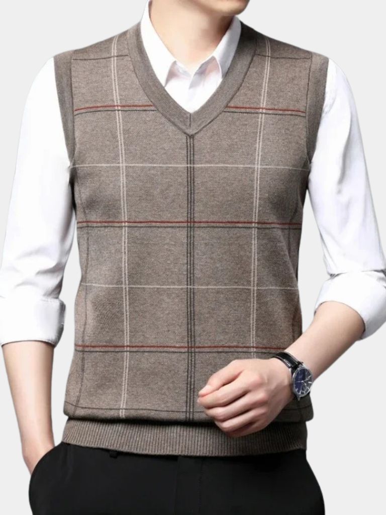 Academic Checkered Knit Vest — North Row | Close-Up
