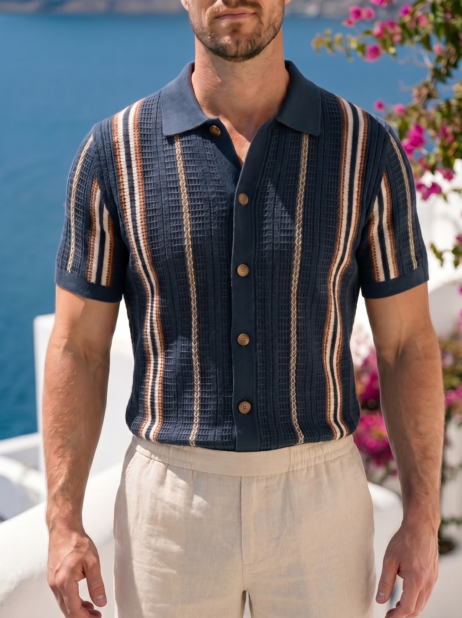 blue knit polo shirt