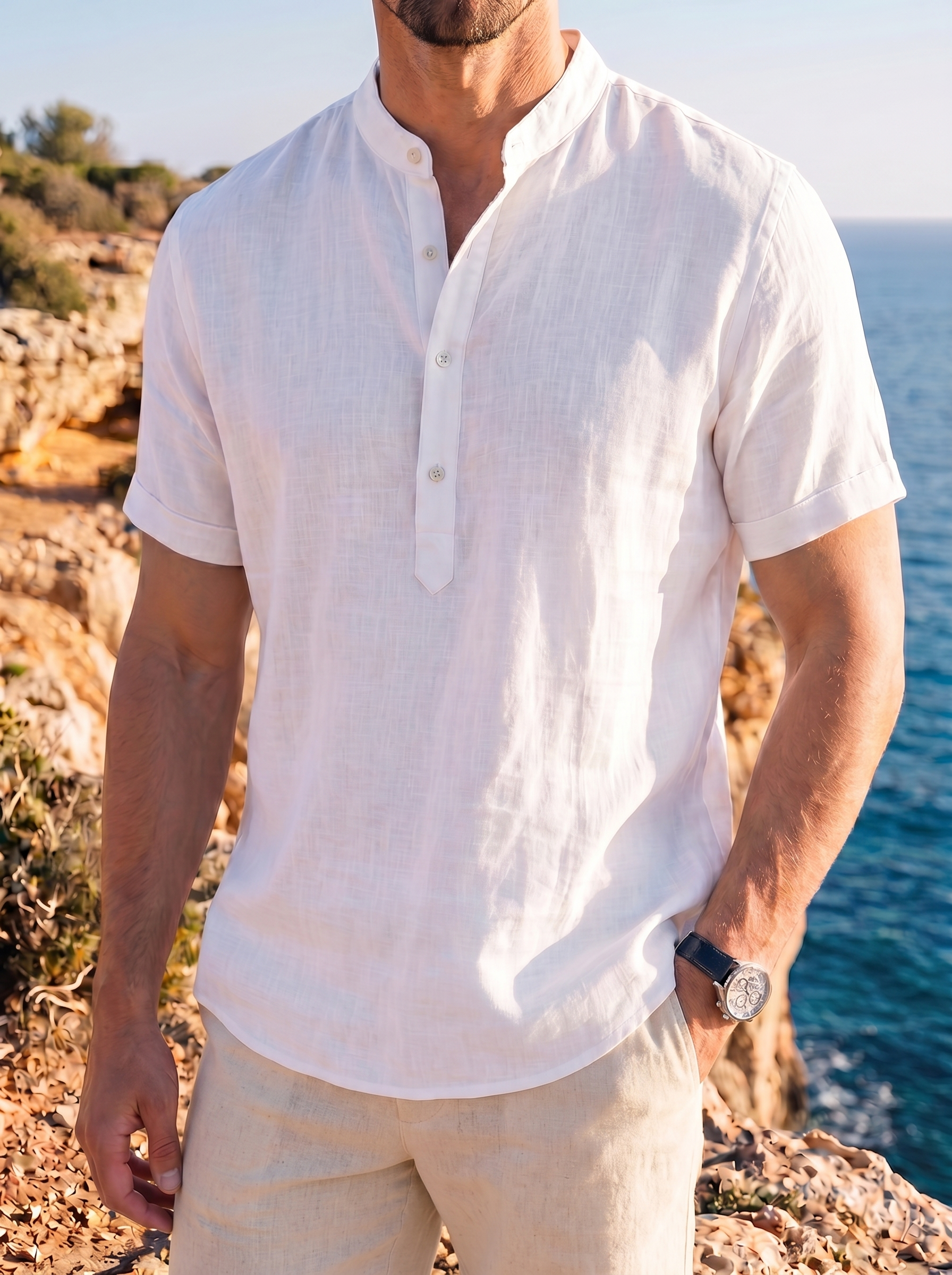dark blue short sleeve linen shirt men