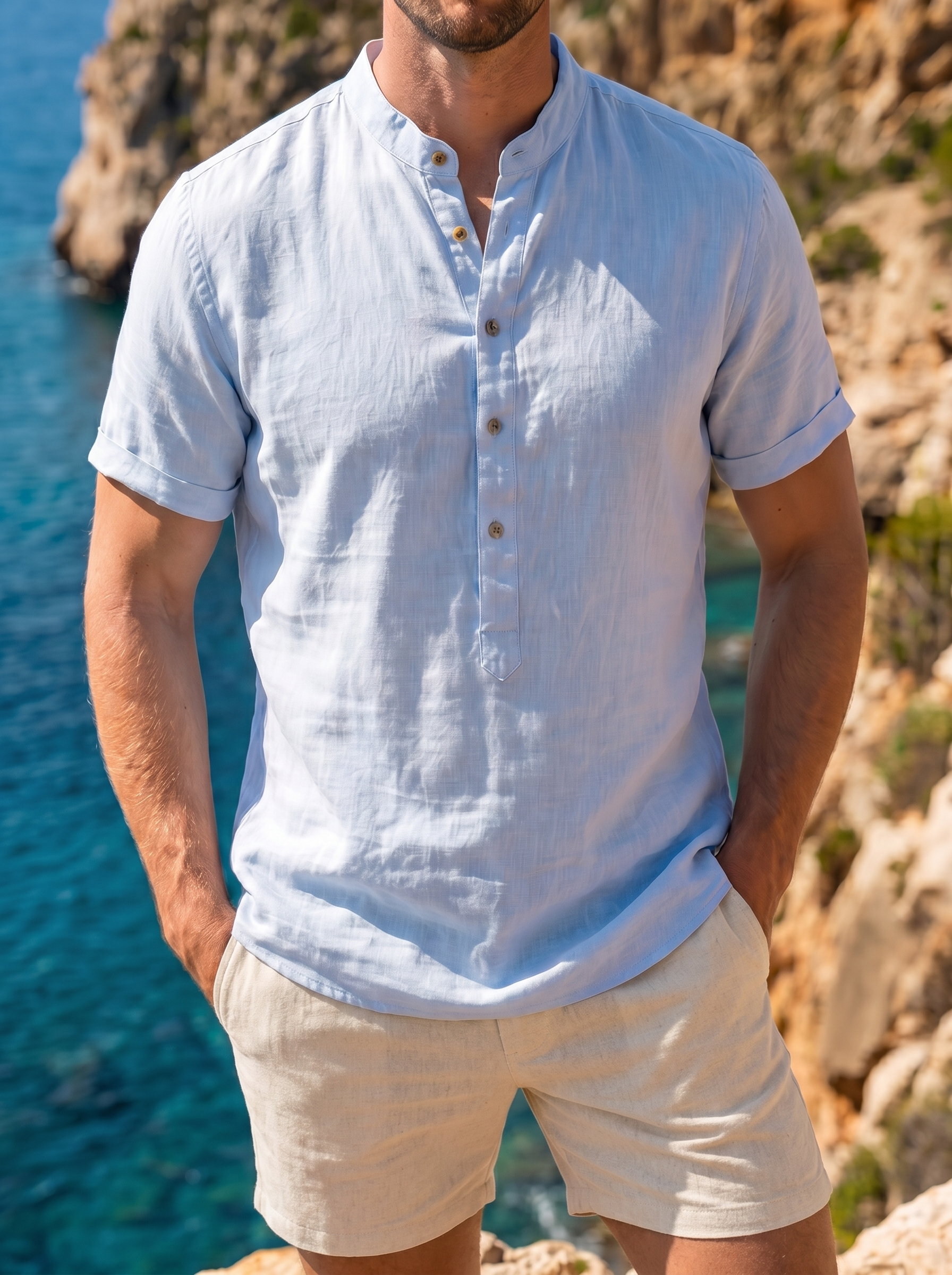 light blue short sleeve linen shirt men