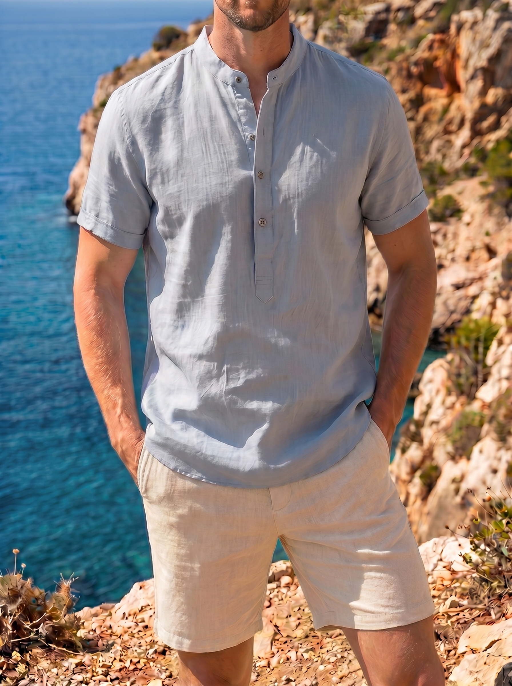 grey short sleeve linen shirt men