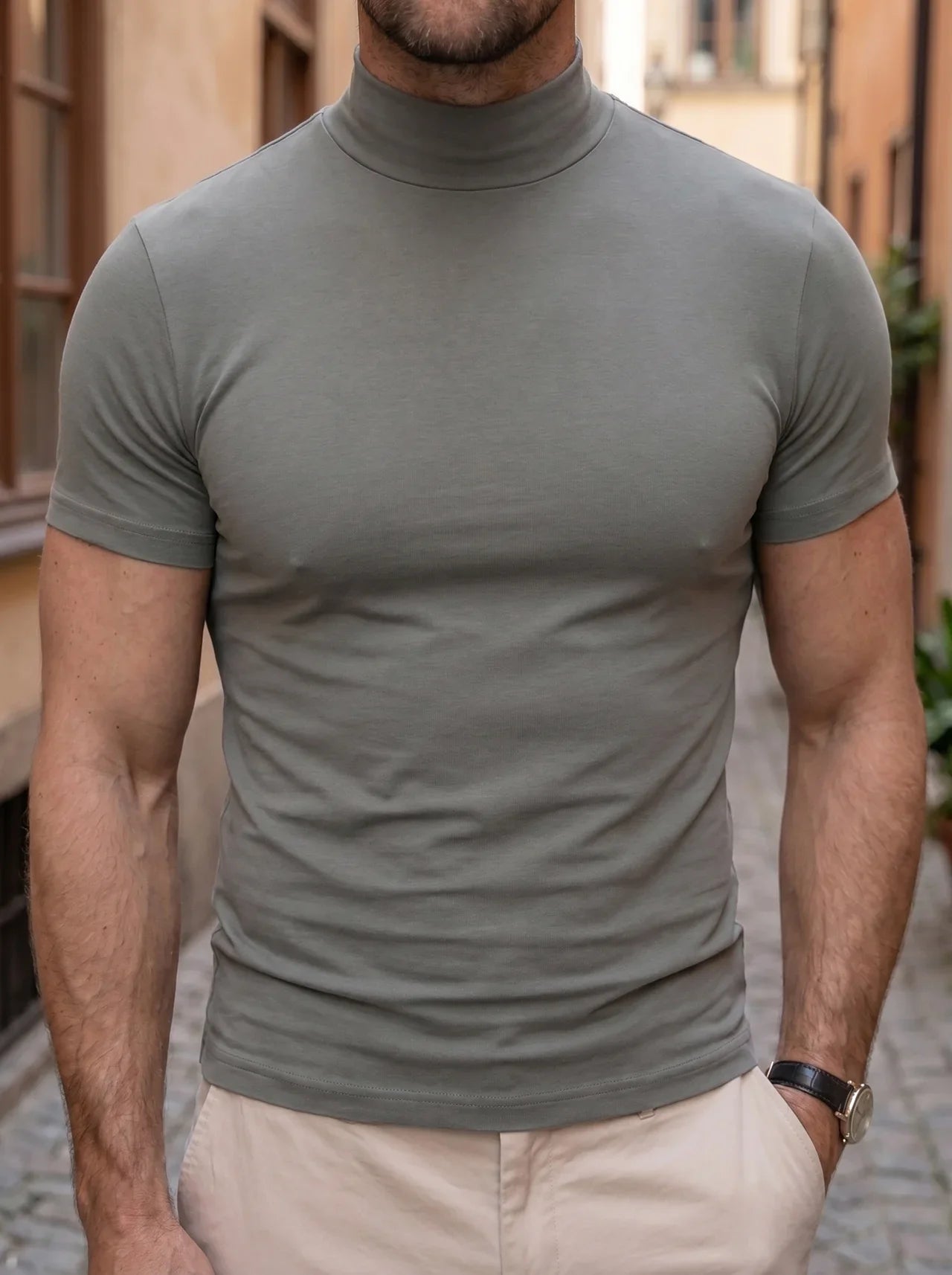 dark grey roll neck turtleneck t-shirt men