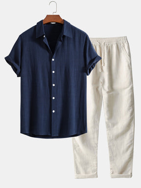 Linen Rayon Blend Button Up Shirt & Straight Leg Linen Pants — North Row | Front View