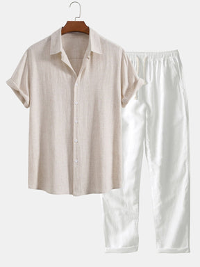 Linen Rayon Blend Button Up Shirt & Straight Leg Linen Pants — North Row | Detail View
