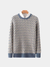 100% Wool Geometric Crew Neck Pullover Sweater — North Row | Model Wearing