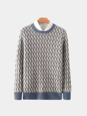100% Wool Geometric Crew Neck Pullover Sweater — North Row | Model Wearing