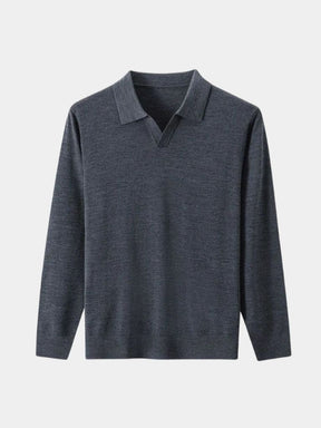 100% Wool Knit V Neck Turndown Polo Pullover — North Row | Close-Up