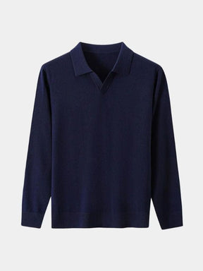 100% Wool Knit V Neck Turndown Polo Pullover — North Row | Flat Lay