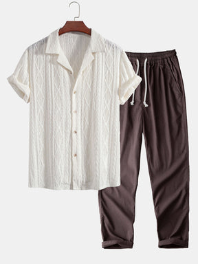 Geometric Jacquard Eyelet Cuban Shirt & Straight Leg Linen Pants — North Row | Detail View