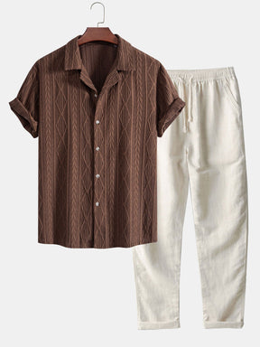 Geometric Jacquard Eyelet Cuban Shirt & Straight Leg Linen Pants — North Row | Front View