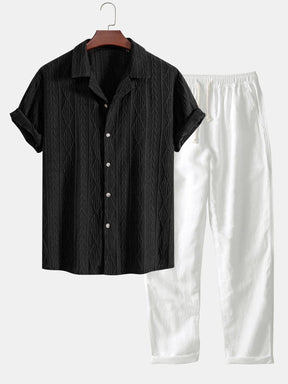 Geometric Jacquard Eyelet Cuban Shirt & Straight Leg Linen Pants — North Row | Lifestyle
