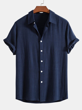 Linen Rayon Blend Button Up Shirt & Crinkled Textured Drawstring Shorts — North Row | Flat Lay