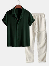 Short Sleeve Knitted Waffle Cuban Shirt & Straight Leg Linen Pants — North Row | Front View