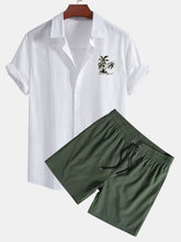 Hawaii Palm Tree Print Linen Look Cotton Button Up Shirt & Swim Shorts — North Row | Front View