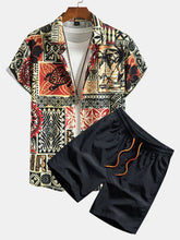 Palm Tree Turtle Ethnic Geometry Print Button Up Shirt & Swim Shorts — North Row | Front View