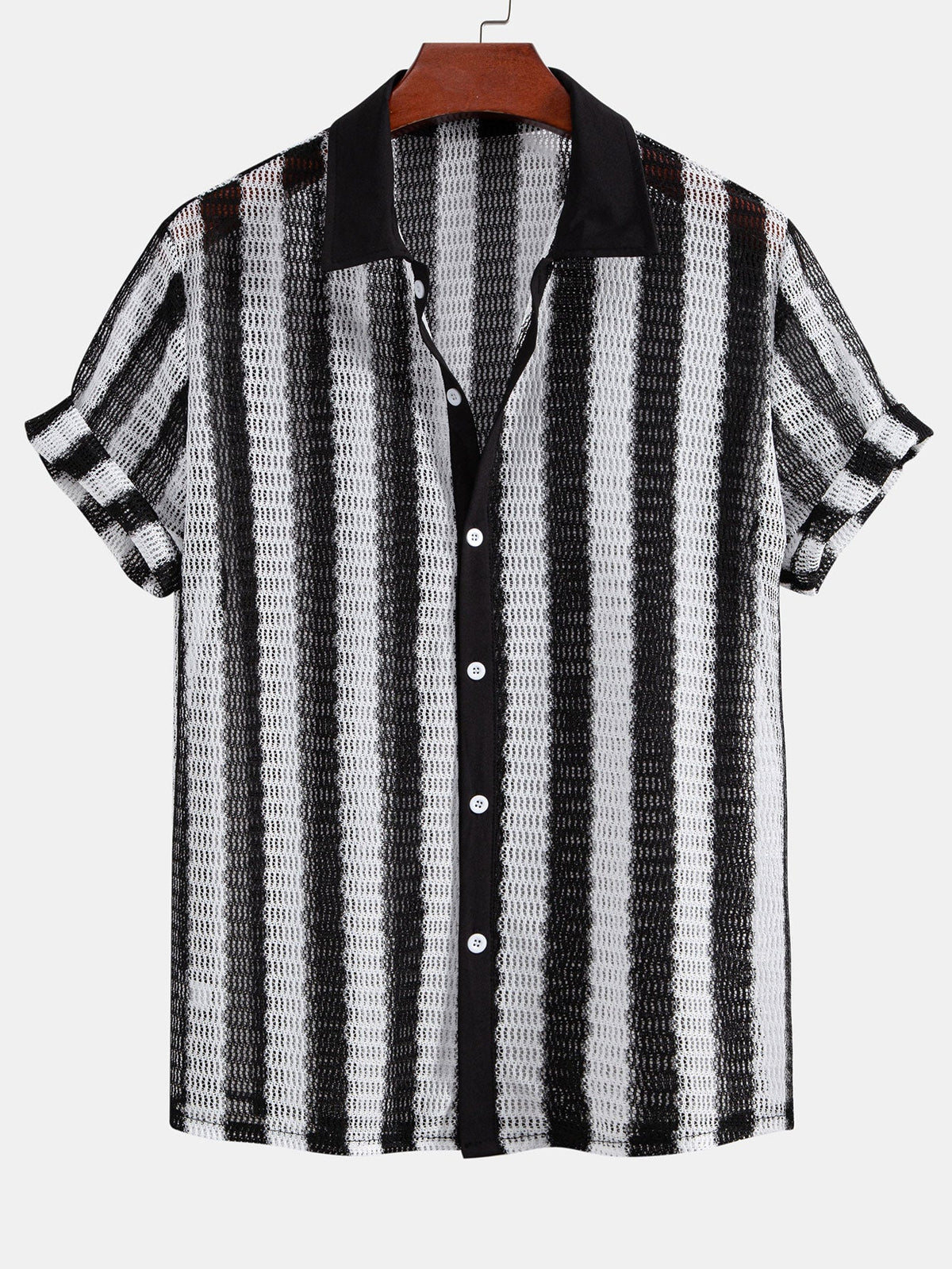 Hollow Out Stripe Textured Button Up Shirt — North Row | Front View