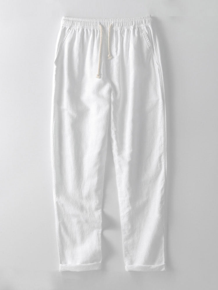 Geometric Jacquard Eyelet Cuban Shirt & Straight Leg Linen Pants — North Row | Model Wearing