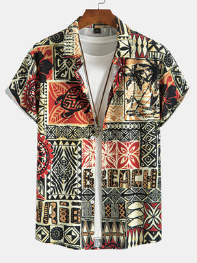 Palm Tree Turtle Ethnic Geometry Print Button Up Shirt & Swim Shorts — North Row | Side View