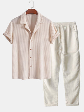 Short Sleeve Knitted Waffle Cuban Shirt & Straight Leg Linen Pants — North Row | Side View