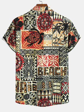 Palm Tree Turtle Ethnic Geometry Print Button Up Shirt & Swim Shorts — North Row | Back View