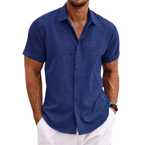 【24-hour shipping out】Men's Solid Color Lapel Cotton Linen Short Sleeve Shirt 82339241X — North Row | Detail View