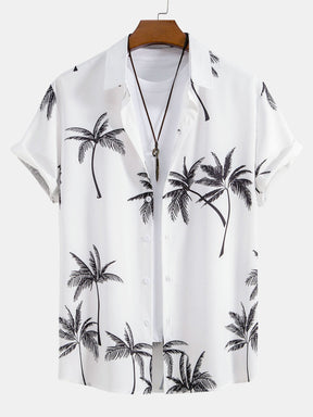 Palm Tree Print Button Up Shirt & Striped Print Swim Shorts — North Row | Side View