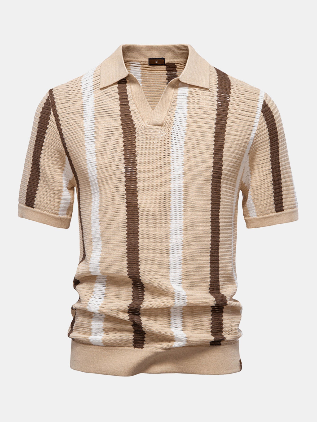 Stripe Knit V Neck Polo Shirt & Straight Leg Linen Pants — North Row | Texture Detail