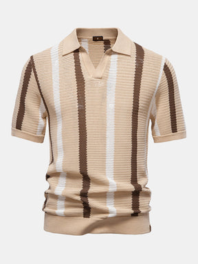 Stripe Knit V Neck Polo Shirt & Straight Leg Linen Pants — North Row | Texture Detail