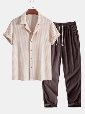 Short Sleeve Knitted Waffle Cuban Shirt & Straight Leg Linen Pants — North Row | Back View