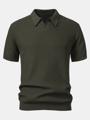 Wave Jacquard Knit V Neck Polo Shirt & Slim Fit Tapered Trousers — North Row | Texture Detail