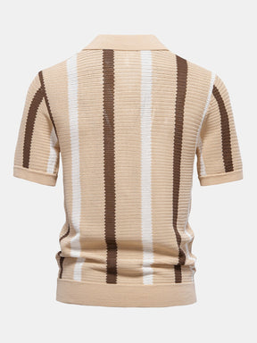 Stripe Knit V Neck Polo Shirt & Straight Leg Linen Pants — North Row | Collar Detail