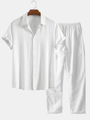 Linen Rayon Blend Button Up Shirt & Straight Leg Linen Pants — North Row | Lifestyle