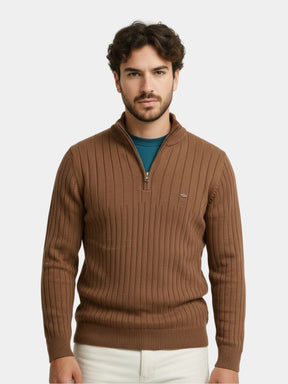 Cotton Knit Vertical Stripes Quarter-Zip Sweater — North Row | Front View