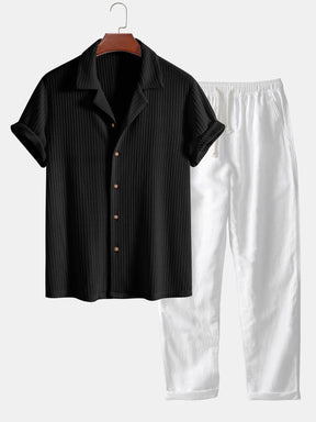 Short Sleeve Knitted Waffle Cuban Shirt & Straight Leg Linen Pants — North Row | Detail View