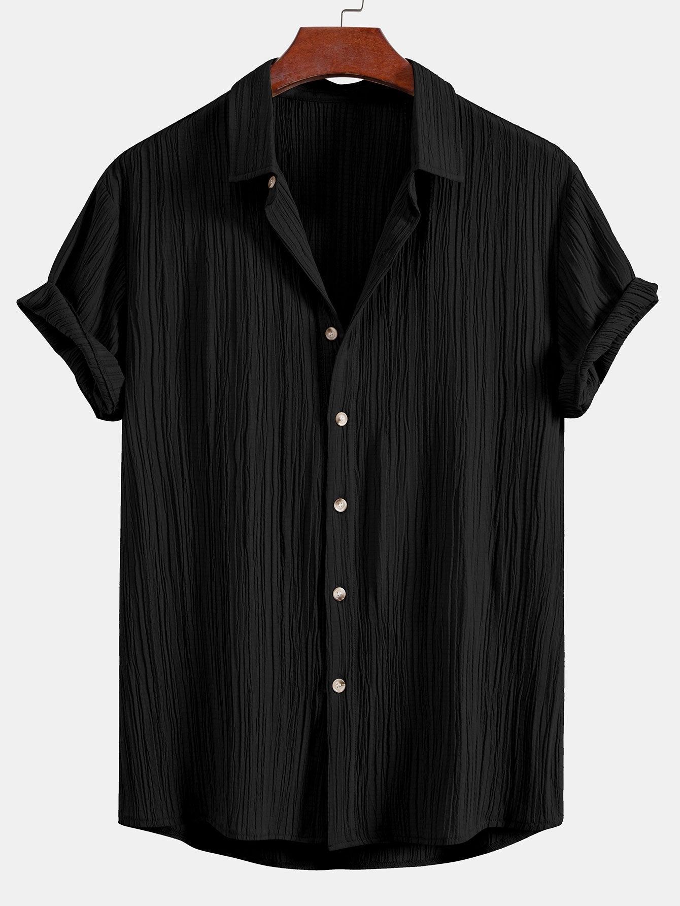 Crinkled Textured Button Up Shirt & Crinkled Textured Drawstring Shorts — North Row | Collar Detail