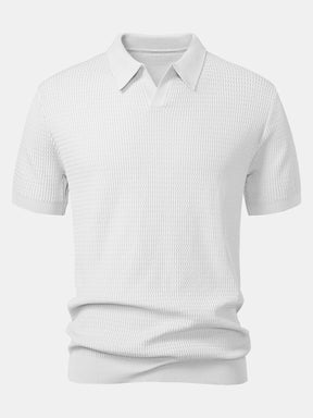 Wave Jacquard Knit V Neck Polo Shirt & Slim Fit Tapered Trousers — North Row | Full Length
