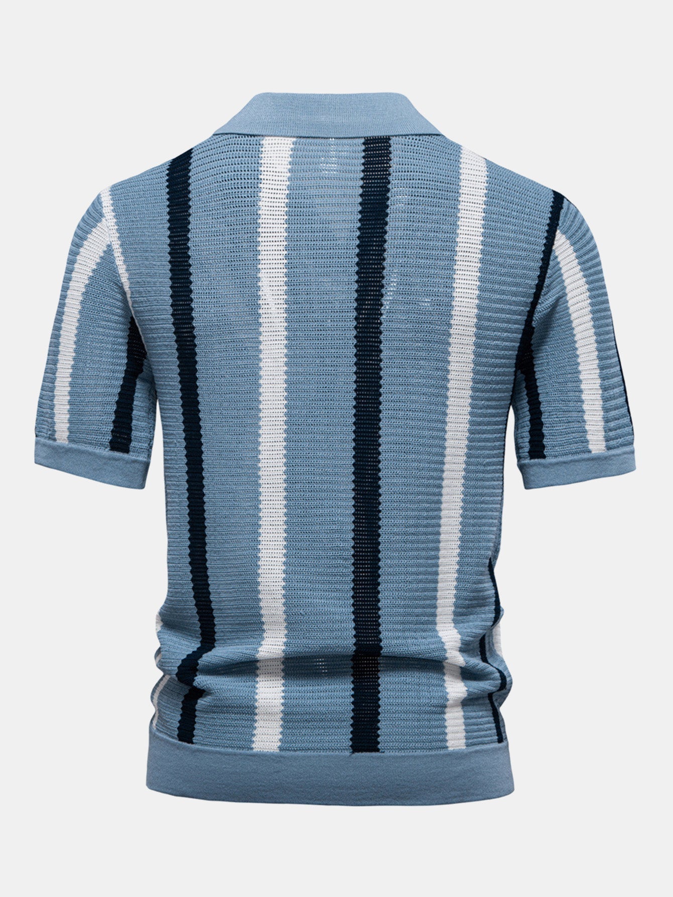 Stripe Knit V Neck Polo Shirt & Straight Leg Linen Pants — North Row | Model Wearing