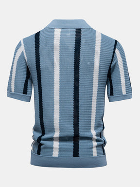 Stripe Knit V Neck Polo Shirt & Straight Leg Linen Pants — North Row | Model Wearing