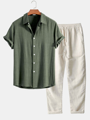 Linen Rayon Blend Button Up Shirt & Straight Leg Linen Pants — North Row | Back View
