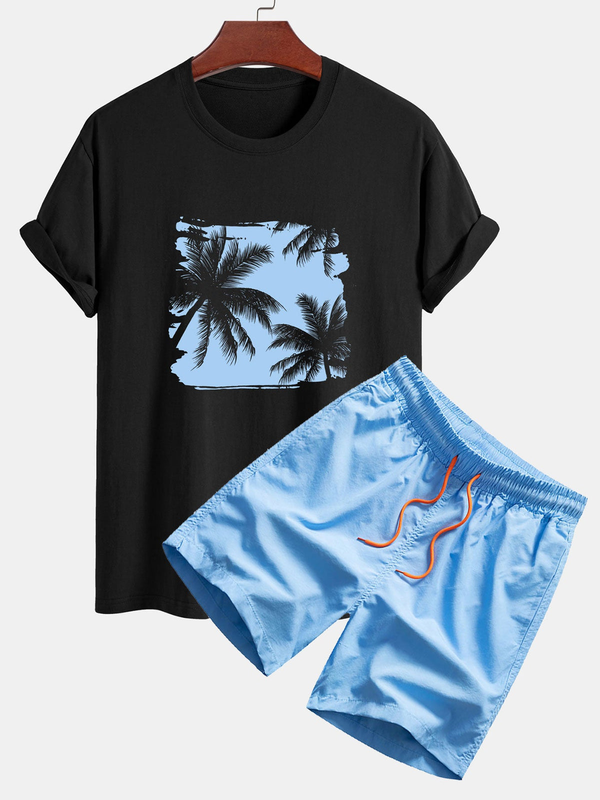 Regular Fit Palm Trees Silhouette Print Cotton T-Shirt & Swim Shorts — North Row | Close-Up