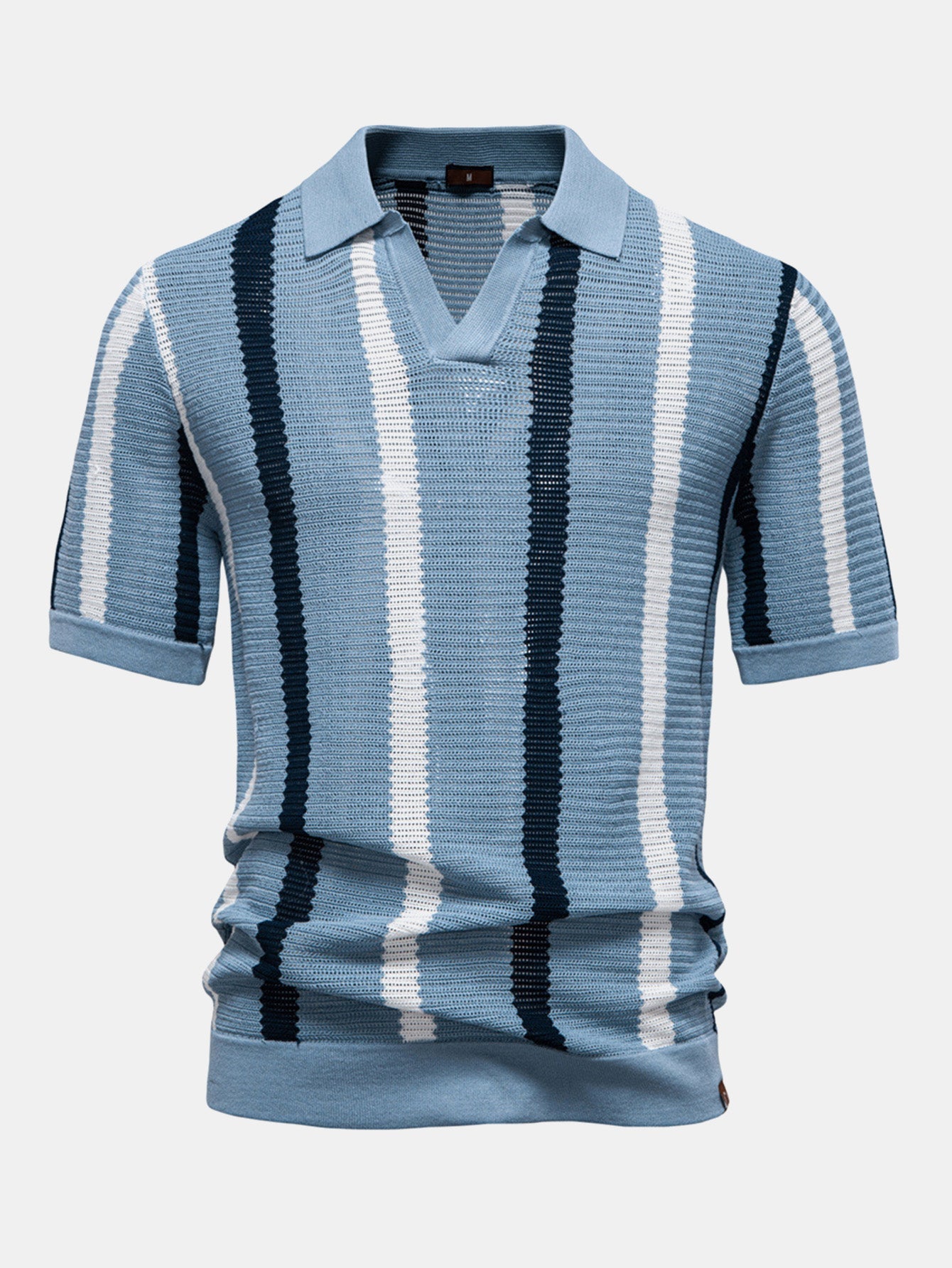 Stripe Knit V Neck Polo Shirt & Straight Leg Linen Pants — North Row | Full Length