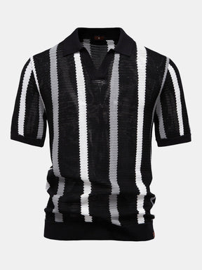 Stripe Knit V Neck Polo Shirt & Straight Leg Linen Pants — North Row | View 13