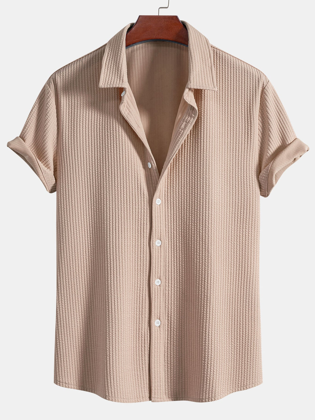 Muscle Fit Ribbed Button Up Shirt — North Row | Close-Up