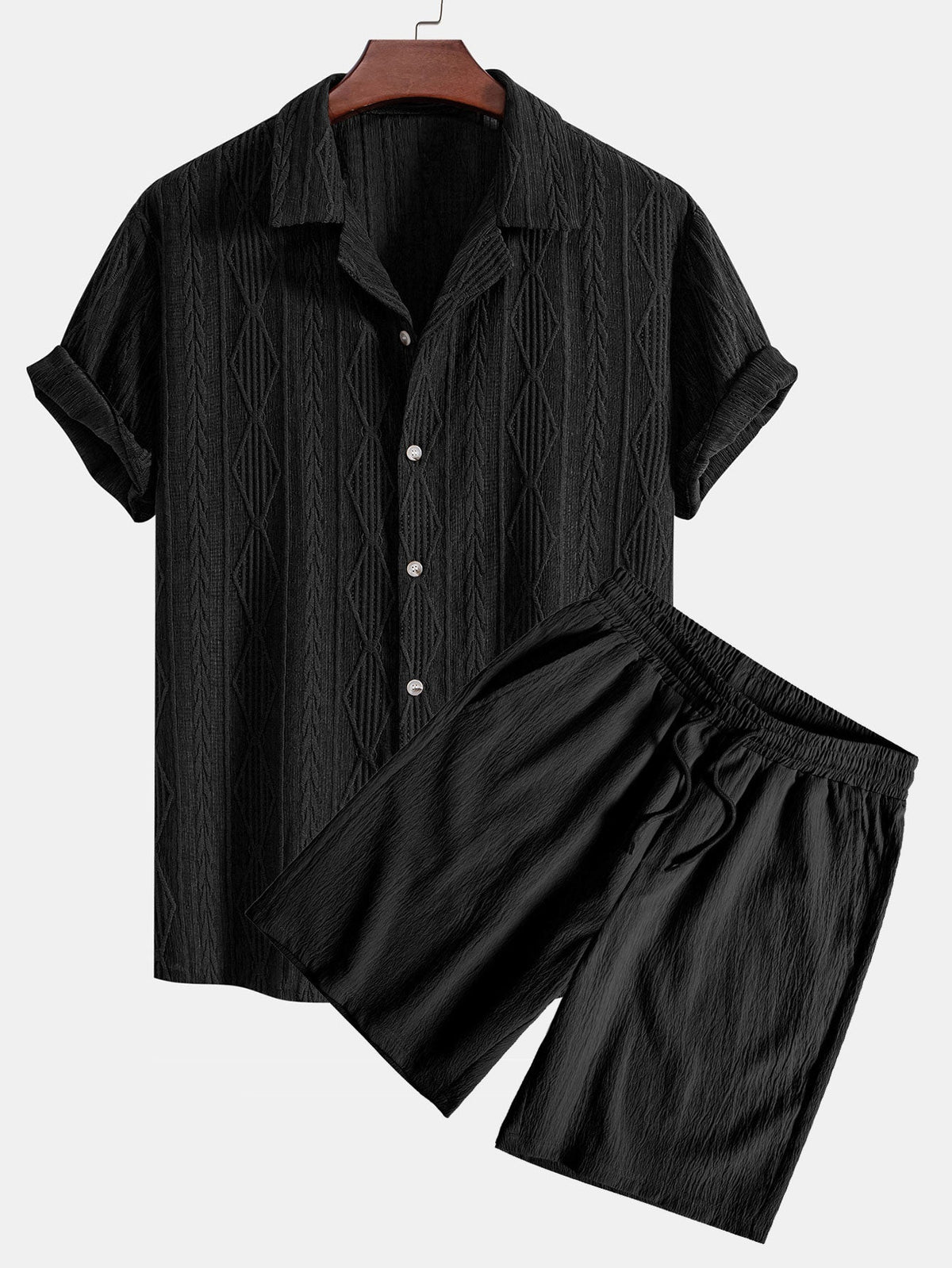 Geometric Jacquard Eyelet Cuban Shirt & Crinkled Textured Drawstring Shorts — North Row | Back View