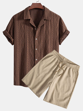 Geometric Jacquard Eyelet Cuban Shirt & Crinkled Textured Drawstring Shorts — North Row | Front View