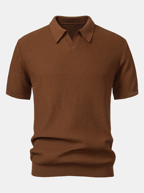 Wave Jacquard Knit V Neck Polo Shirt & Slim Fit Tapered Trousers — North Row | Collar Detail