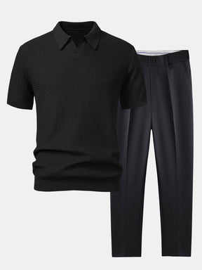 Wave Jacquard Knit V Neck Polo Shirt & Slim Fit Tapered Trousers — North Row | Side View
