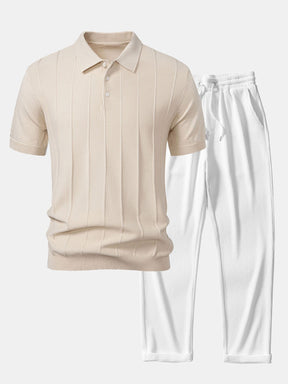 Stripe Jacquard Knit Polo Shirt & Straight Leg Ribbed Pants — North Row | Back View